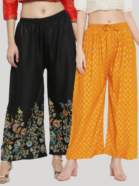 

Clora Creation Women Pack of 2 Floral Printed Knitted Ethnic Palazzos, Black