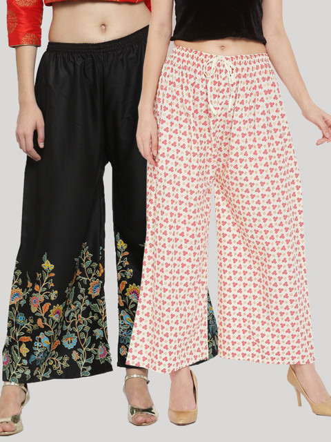 

Clora Creation Women Pack of 2 Floral Printed Knitted Ethnic Palazzos, Black