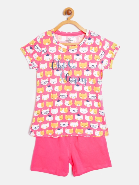 

Sweet Dreams Girls Pink & White Pure Cotton Printed Night Suit