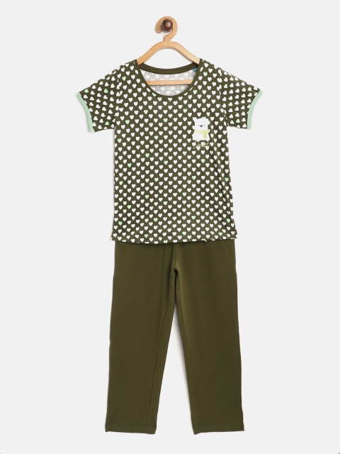 

Sweet Dreams Girls Olive Green & White Heart Print Pyjamas Set