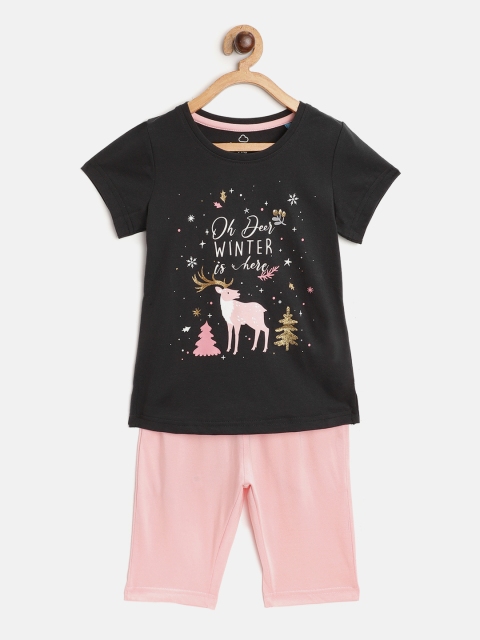 

Sweet Dreams Girls Navy Blue & Pink Graphic Print Pajama Set