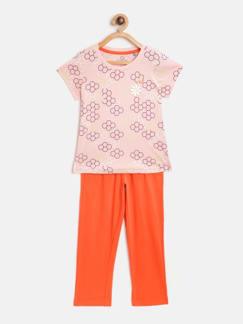 

Sweet Dreams Girls Peach-Coloured & Orange Honeycomb Print Pyjamas Set