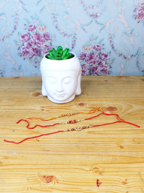 

Wonderland White & Red Set Of 3 Rakhi With Buddha Succulent Planter