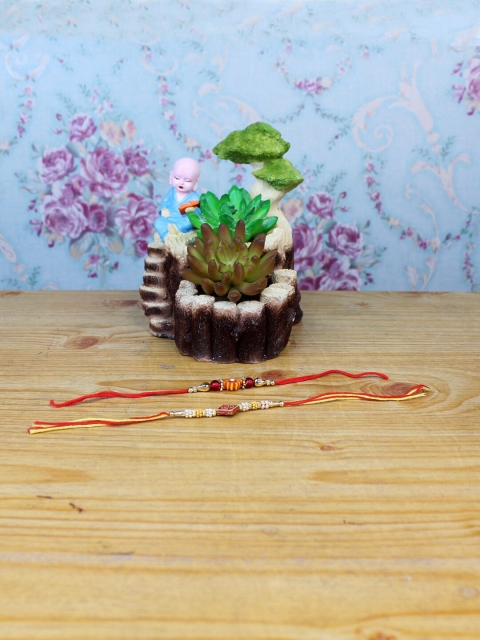 

Wonderland Brown & Red Set Of 2 Rakhi With Monk on Tree Succulent Planter