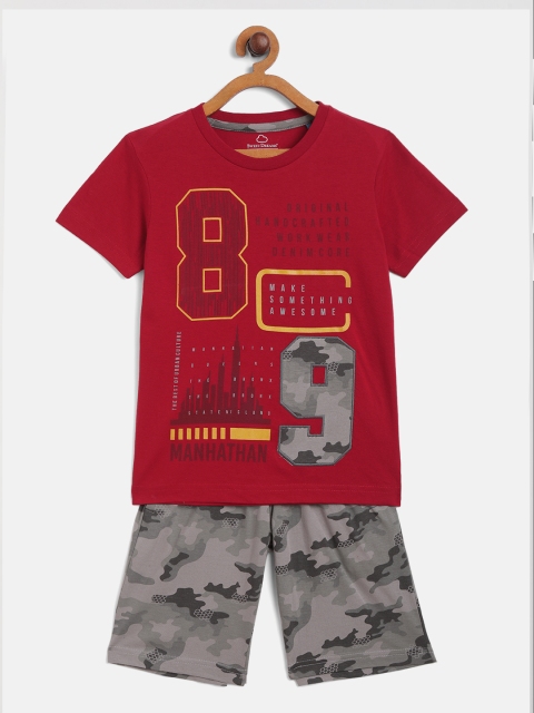 

Sweet Dreams Boys Red & Grey Pure Cotton Typography & Camouflage Print Shorts Set