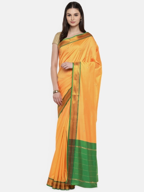 

Mitera Orange & Green Zari Banarasi Saree