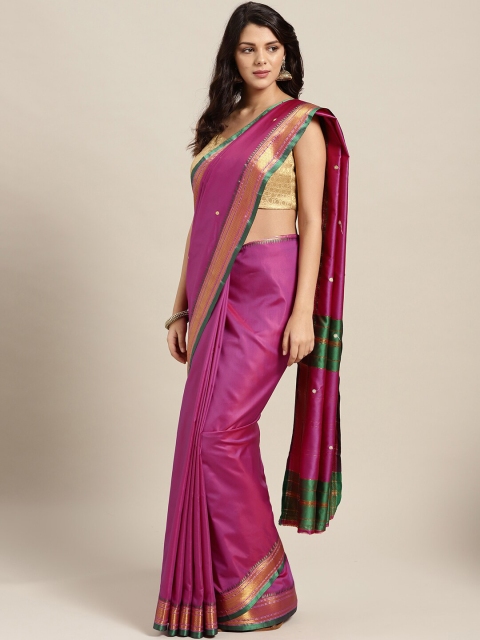 

Mitera Pink & Green Ethnic Motifs Zari Mysore Silk Saree