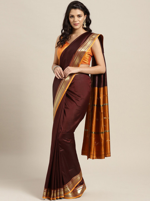 

Mitera Brown & Orange Ethnic Motifs Zari Mysore Silk Saree