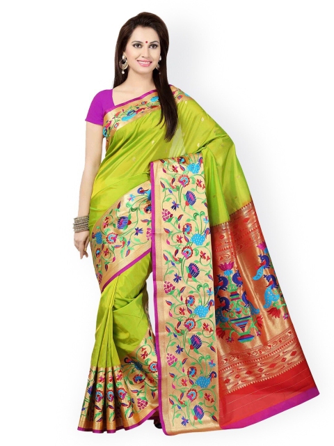 

Mitera Green & Red Ethnic Motifs Embroidered Silk Blend Paithani Saree