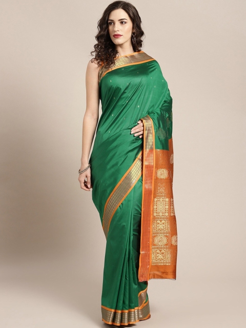 

Mitera Green & Orange Ethnic Motifs Zari Mysore Silk Saree