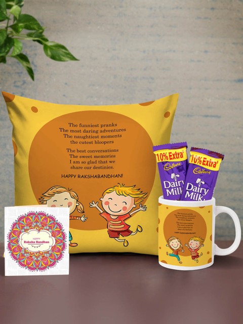 

TIED RIBBONS Cushion Mug Card & Chocolates Rakhi Return Gift Set for Sister, Yellow