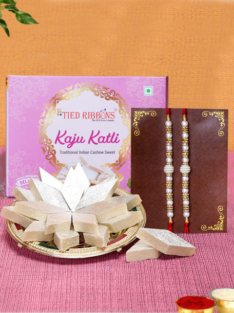

TIED RIBBONS Set of 2 Pearls Brother Rakhi with Sweets Combo Gift Set, Multi