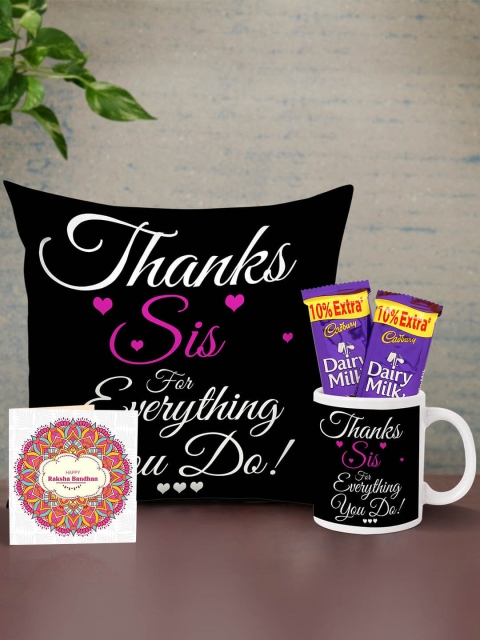 

TIED RIBBONS Cushion Mug Card & Chocolates Rakhi Return Gift Set for Sister, Multi