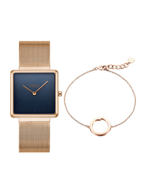 

Obaku Women Blue Brass Embellished Dial & Rose Gold Toned Stainless Steel Bracelet Style Straps Analogue Watch Gift Set