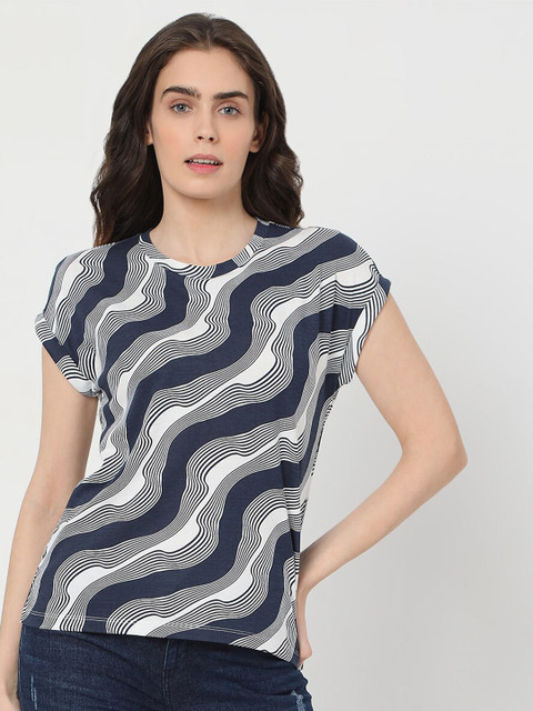 

Vero Moda Women Blue Printed Extended Sleeves T-shirt