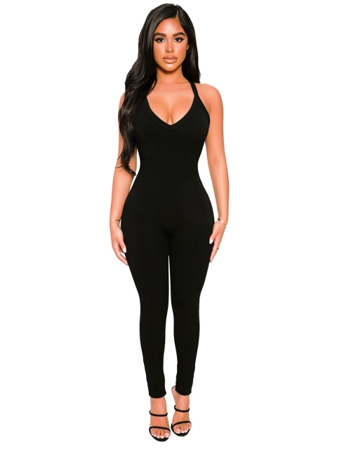 

URBANIC Black Ribbed Slim Fit Basic Jumpsuit