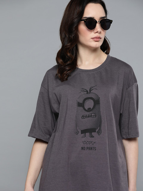 

Minions by Kook N Keech Women Charcoal Minions Printed T-shirt