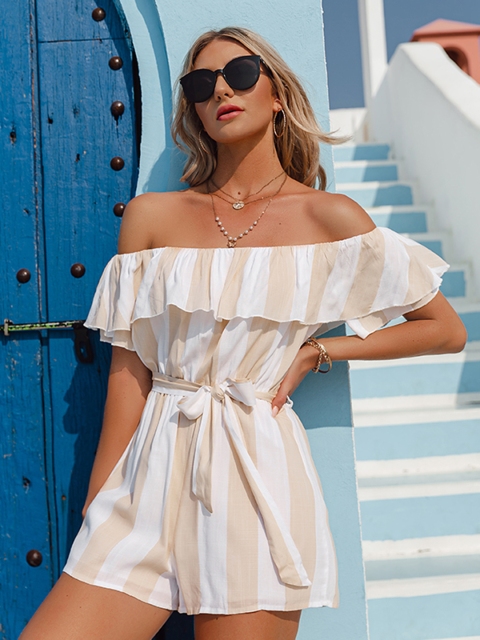 

URBANIC White & Beige Relaxed Fit Off-Shoulder Striped Jumpsuit with Belt