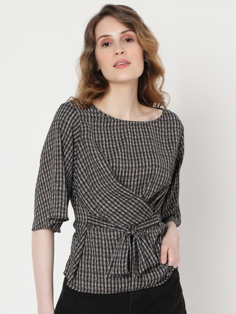 

Vero Moda Women Brown & White Checked Cinched Waist Top