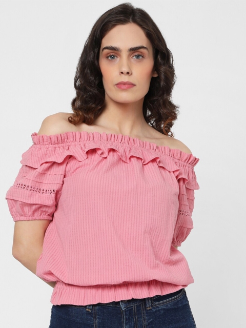 

Vero Moda Women Pink Vertical Striped Off-Shoulder Bardot Top
