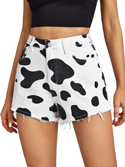 

URBANIC Women White Cow Print High-Rise Denim Shorts