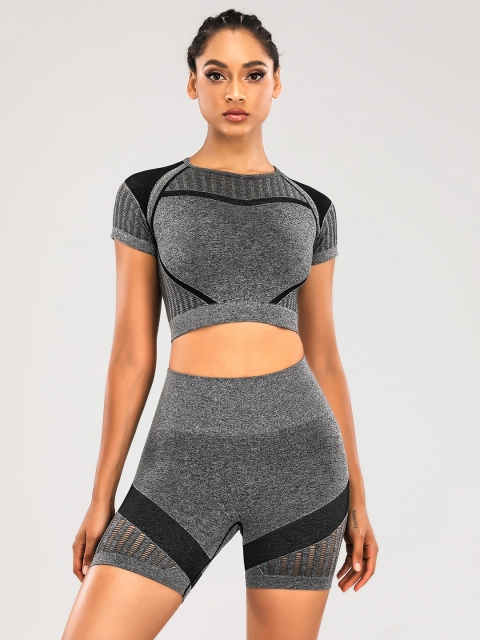 

URBANIC Women Grey & Black Colourblocked Slim Fit High-Rise Sports Shorts