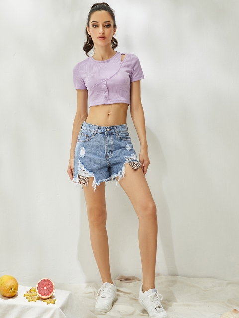 

URBANIC Women Blue Distressed High-Rise Cotton Denim Shorts