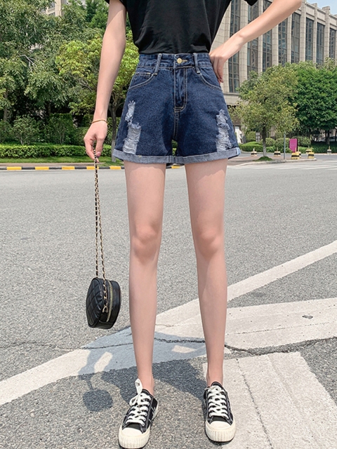 

URBANIC Women Navy Blue High-Rise Ripped Wide Leg Cotton Denim Shorts