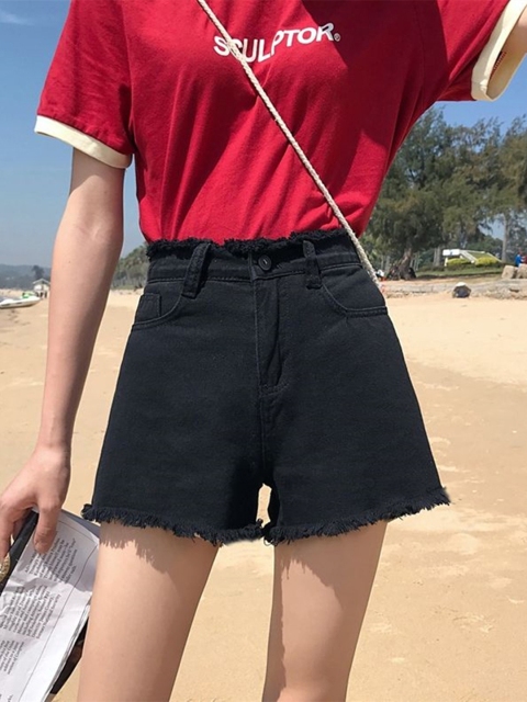 

URBANIC Women Black High-Rise Denim Shorts