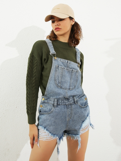 

URBANIC Women Blue Solid Distressed Shorts Denim Dungaree