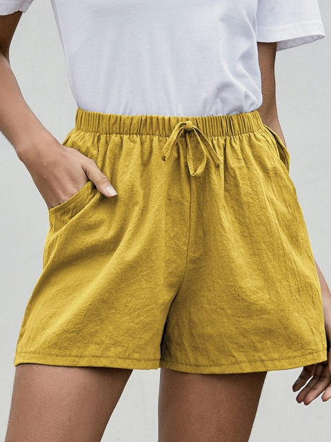 

URBANIC Women Mustard Yellow Solid High-Rise Cotton Regular Shorts