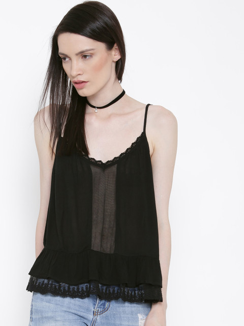 

FOREVER 21 Black Sheer Detail Flared Top