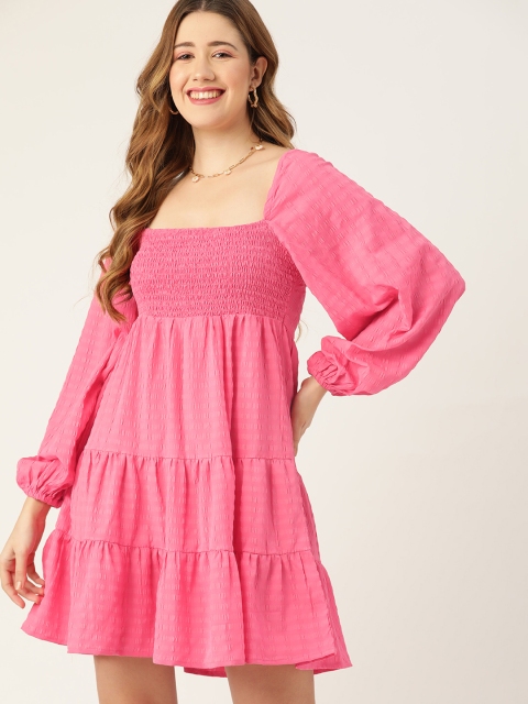 

DressBerry Women Pink Self Striped A-Line Tiered Seersucker Dress