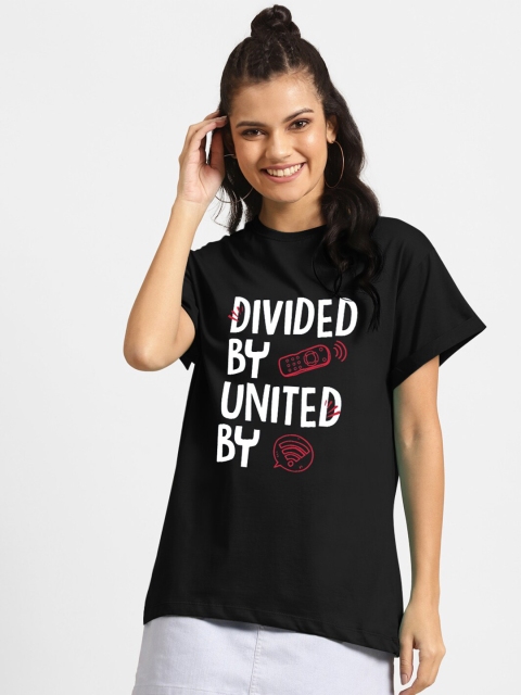 

Bewakoof Women Black & White Typography Printed Drop-Shoulder Sleeves T-shirt