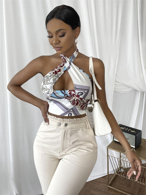 

URBANIC Women White & Grey Scarf Print Halter Neck Crop Fitted Top