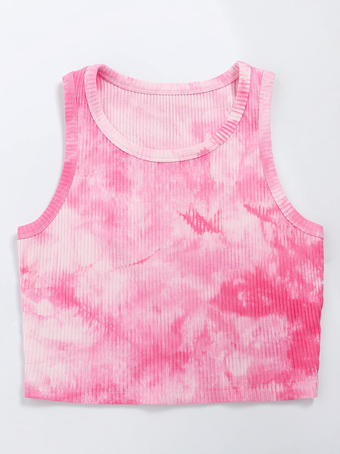 

URBANIC Pink & Off White Self-Striped Tank Crop Top