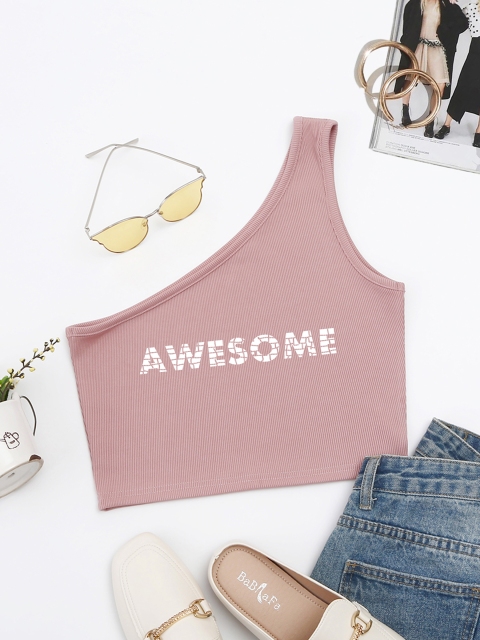 

URBANIC Pink & White One Shoulder Printed Fitted Crop Top