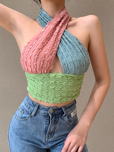 

URBANIC Pink & Blue Self Design Halter Neck Cut-Out Detail Fitted Crop Top