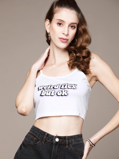 

URBANIC White Printed Fitted Crop Cami Top