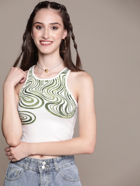 

URBANIC White & Green Abstract Print Tank Crop Top