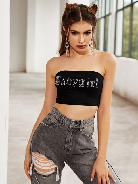 

URBANIC Black Embellished Rhinestone Tube Crop Top