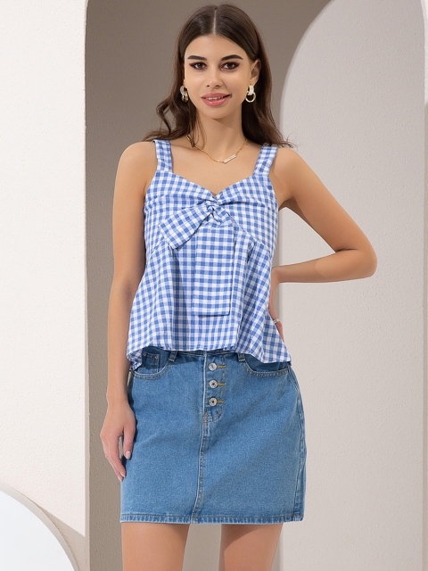 

URBANIC Women Blue & White Checked Pure Cotton Twisted Regular Top