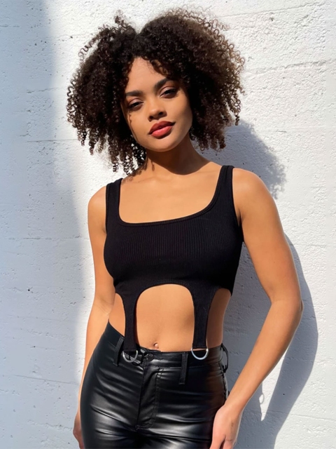 

URBANIC Black Ribbed Fitted Crop Top