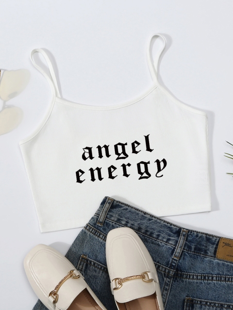 

URBANIC White & Black Printed Fitted Crop Cami Top