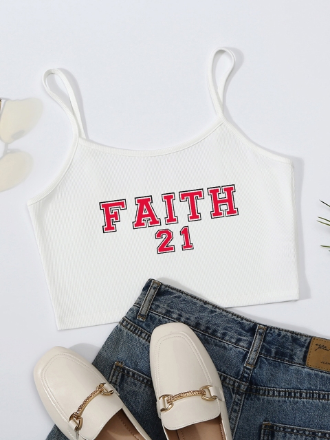 

URBANIC White & Red Printed Fitted Crop Cami Top
