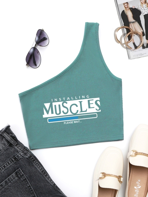 

URBANIC Green & White Printed One Shoulder Fitted Crop Top
