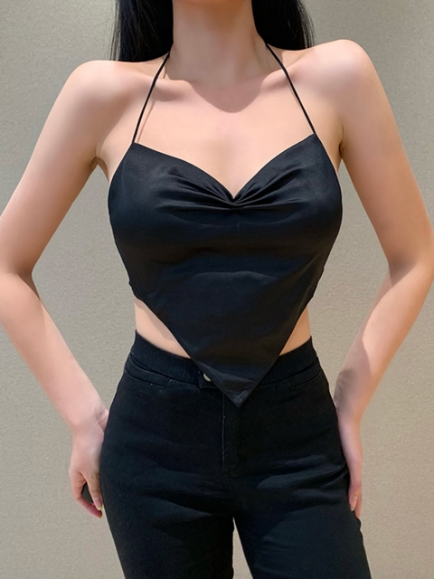 

URBANIC Black Solid Satin Finish Regular Crop Top