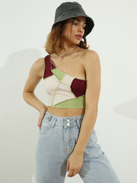 

URBANIC Women Off-White & Green Colourblocked Crop One Shoulder Fitted Crop Top