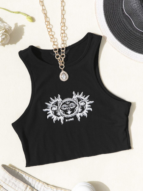 

URBANIC Black & White Printed Crop Tank Top