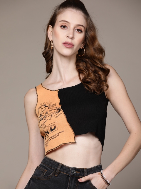 

URBANIC Women Orange & Black Colourblocked Fitted Crop Top